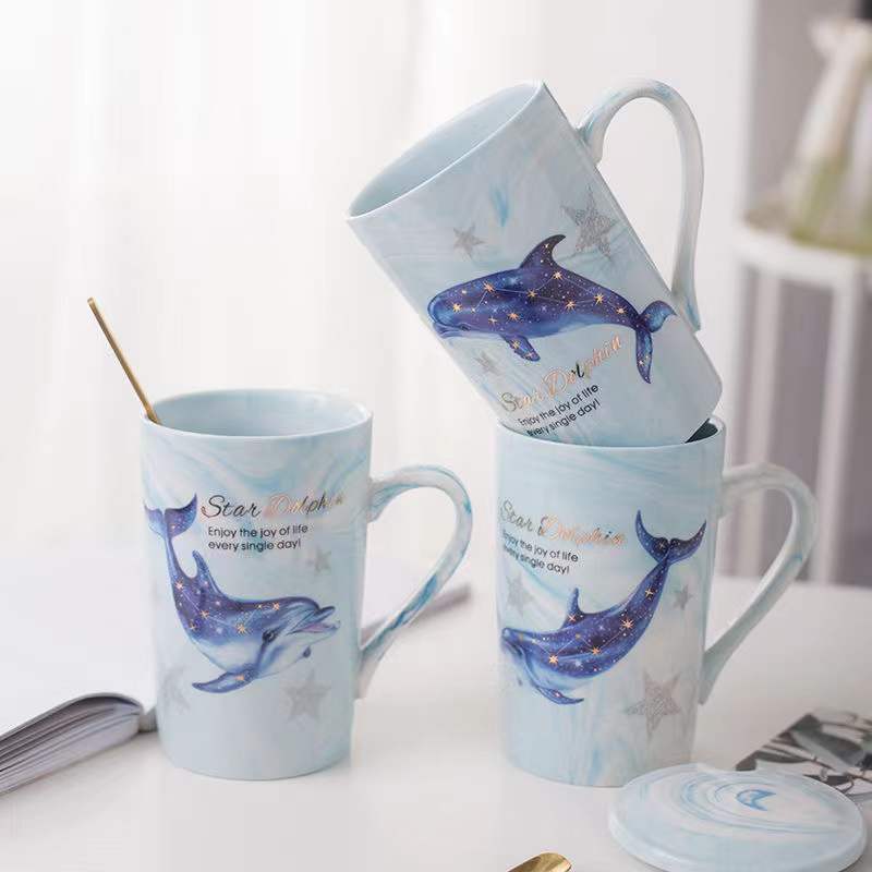2022 Eenvoudige Cup Keramische Leuke Luxe Mok Met Deksel Lepel Paar Water Cup Koffiekopje Dolfijn Print