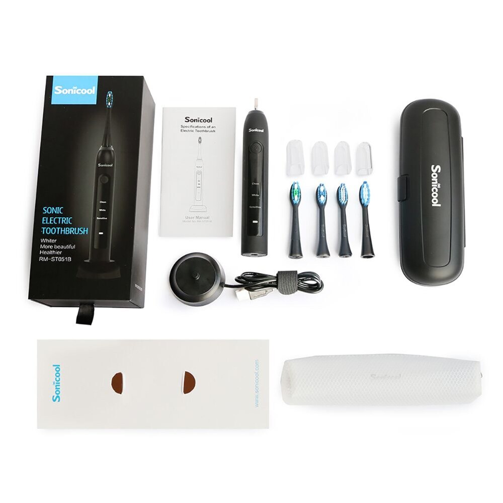 Sonicool 051B Ultrasonic Sonic Electric Toothbrush USB Rechargeable Tooth Brushes With 4 Pcs DuPont Brush Heads Tooth Cleaning