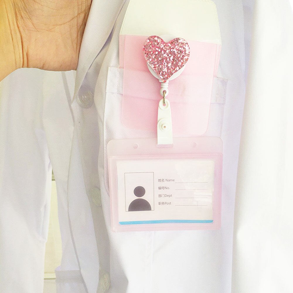 1pc Love Heart Glitter Sequins Badge Reel Retractable Badge Holder Nurse Doctor ID Card Holder Pull Key Chain Office Supplies