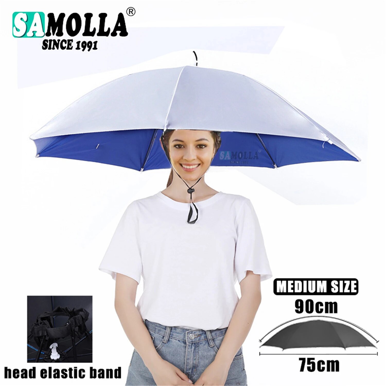Paraguas de lluvia, sombrero plegable, parasol impermeable, gorro de pesca, sombreros para la cabeza de playa, protección solar UV de doble capa: Blanco