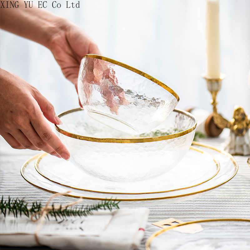 Vajilla de vidrio con borde dorado, plato occidental de comida, plato plano para ensalada, conjunto de carne para banquete, plato de exhibición, vajilla, utensilios de cocina
