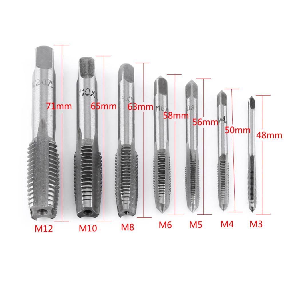 7Pcs/Lot Metric Thread Steel Tap Tapping Thread Tap Tool M3, M4, M5, M6, M8, M10, M12 Screw Taps Tool Set