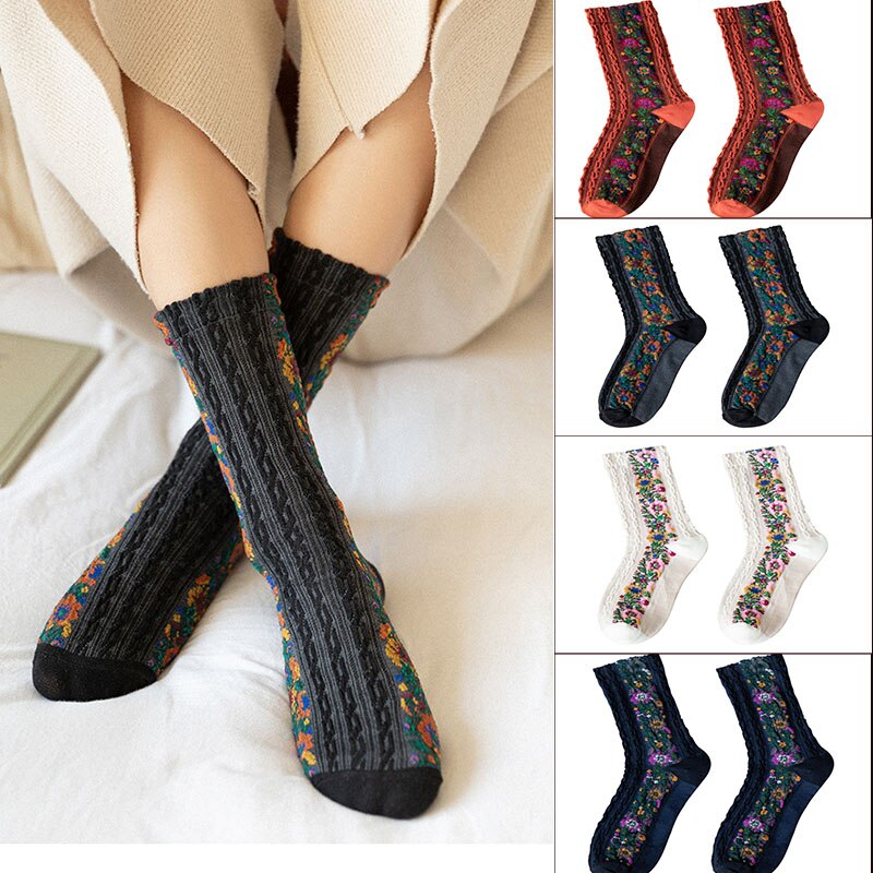 Calze da donna in stile etnico calze a tubo medio Jacquard Vintage ▾ calze da ricamo in cotone calze da donna per dormire a casa telecamera da letto femminile Sox