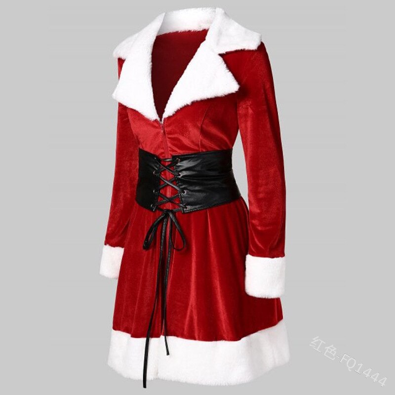 Christmas Costume Dress Women Red Green Dress White Velvet Fleece Shawls Deep V-neck Dress Femme Xmas Outfit