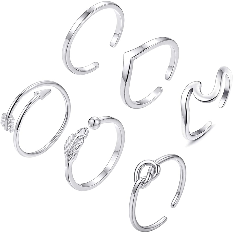 6Pcs Pijl Knoop Wave Ringen Voor Vrouwen Verstelbare Stapelbaar Duim Open Ringen Set Zomervakantie Sieraden