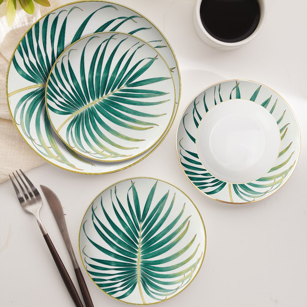 Restaurant and Home Use Coffee Set And Bowl Western Bone China Round Plate Forest Dessert Series Set Leaves, flowers