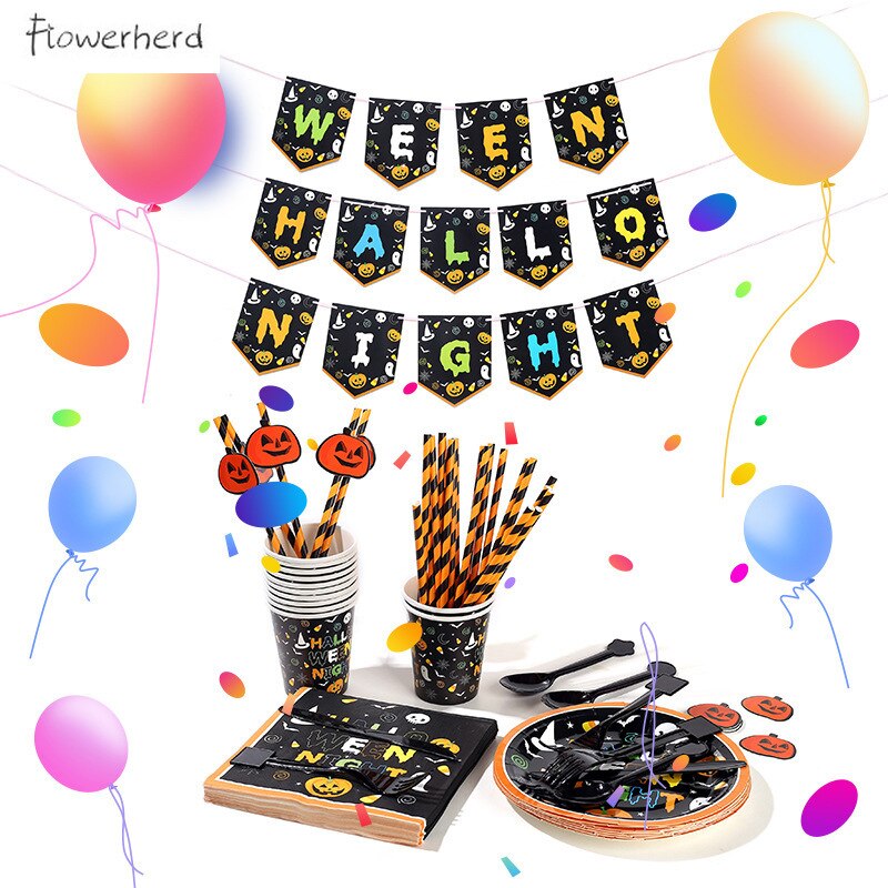 Halloween Night Decorations Party Supplies Tableware Set Disposable Plates Napkins Knives Forks Spoons Disposable Dinnerware Set
