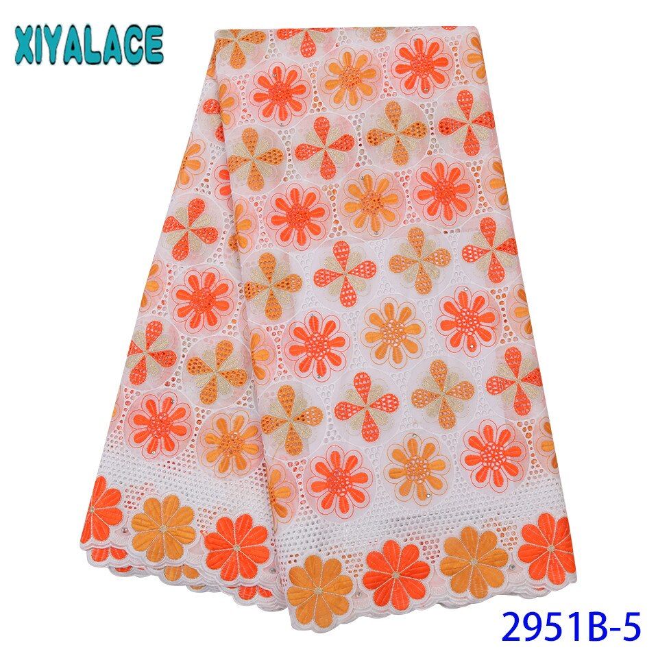 Oranje en witte katoenen kant stof, kant stijlen nigeria, geborduurde stoffen met stones voor jurken KS2951B-5