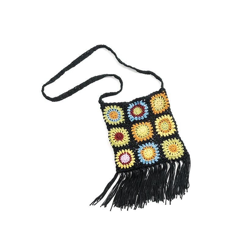 Mabula handgewebte baumwoll-Mini-umhängetaschen für mädchen, gestrickte blumenquasten, stylische schultertasche, kleine handytaschen für damen: Schwarz