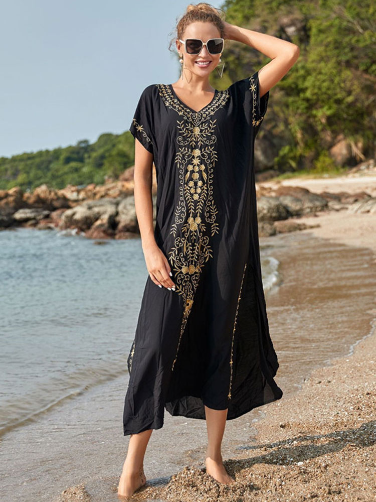 Beach Long Dress Oversized V Neck Short Sleeve Summer Dress Batwing Sleeve Embroidery Maxi Dress Loose Beach Cover Up