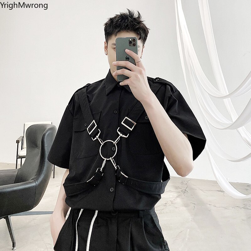 Plus size afneembare ring harnas kooiband hiphop harajuku streetwear heren overhemd zak blouse vrouw koreaanse punk