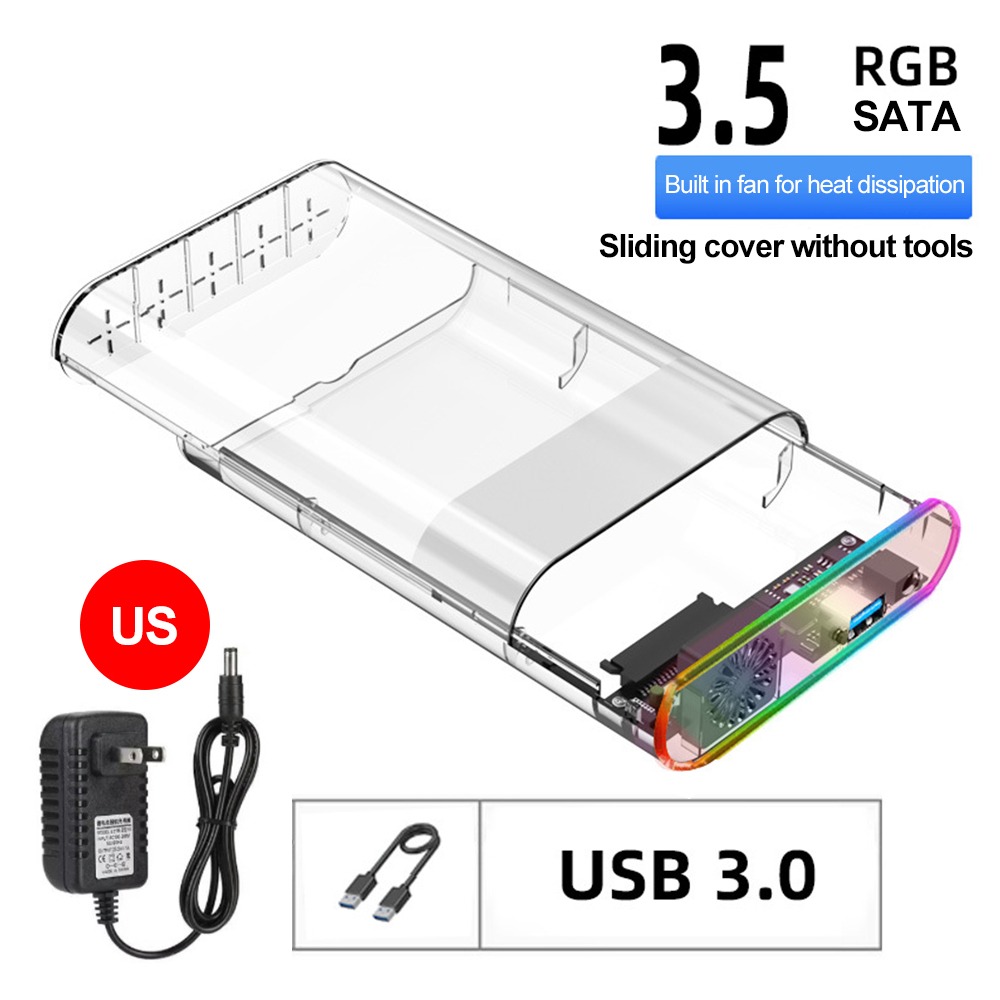 2.5/3.5 Inch RGB SATA HDD Case SATA to USB 3.0 Type C Transparent SSD Adapter External Storage Hard Support 28TB Disk Drive Box: grey