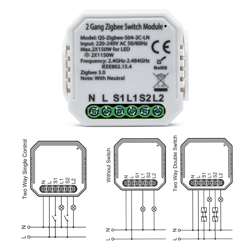 Tuya ZigBee 3.0 Smart Switch Module With/ No Neutral 2 Way Wireless Control Switch Relay Support Zigbee2MQTT Work with Alexa: QS-zigbee-S04-2C-LN