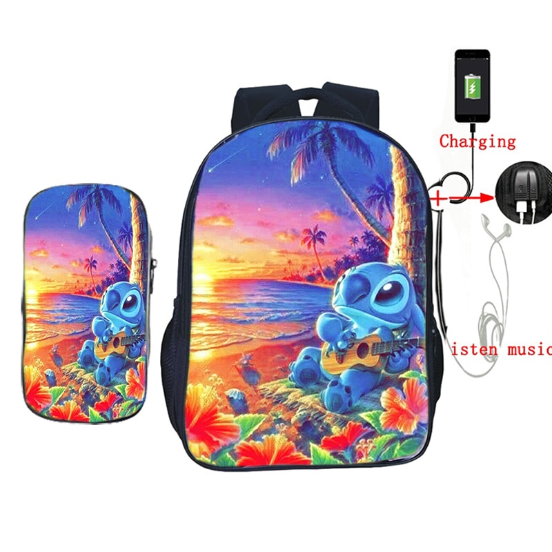 USB Opladen Rugzak Jongens Meisjes Stitch Gedrukt Rugzak Schooltassen met Etui 2 stks/set Casual Reizen Shouler Rugzak