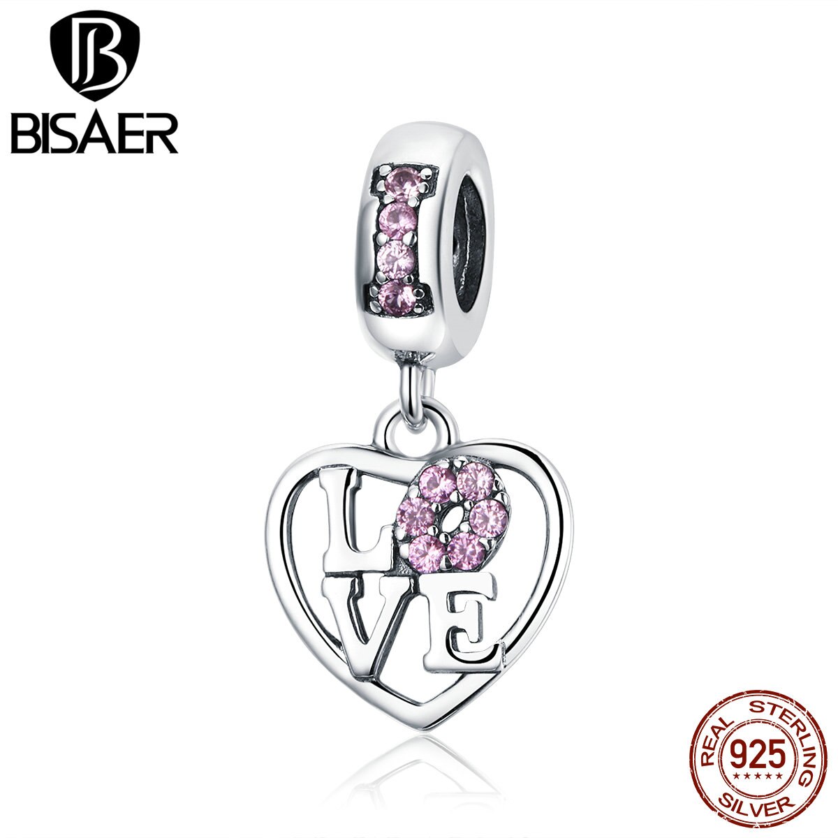 BISAER Valentines 925 Sterling Silver LOVE Heart Shape Pink Zircon Charms Beads fit Women Bracelets Jewelry Making ECC1044