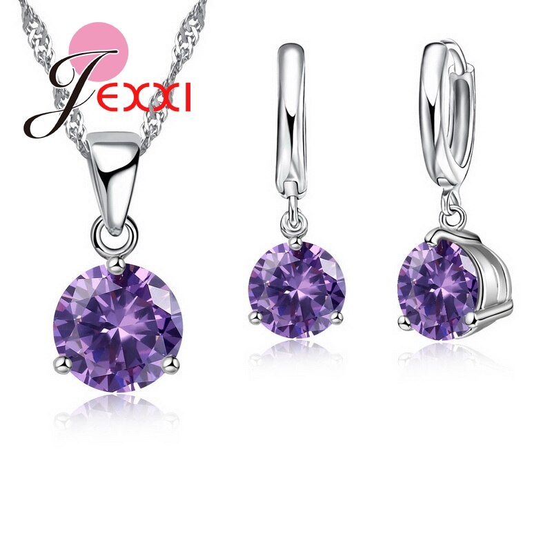 Crystal Necklaces Set 8 Colors 925 Sterling Silver Pendants Stud Earring Sets Women Cubic Zircon Jewelry