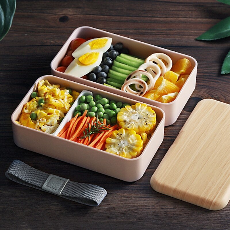 Bamboo Lunch Box Tableware Microwave Heated Plastic High Capacity Eco-Friendly Rectangle Double Layer Bento Box Kid Food Contain