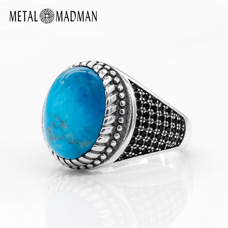 Echt 925 Sterling Zilveren Mannen Ring Met Blauwe Natuurlijke Turquoise &amp; Black Cz Steen Vintage Thai Zilveren Ring Voor Mannelijke turkse Sieraden