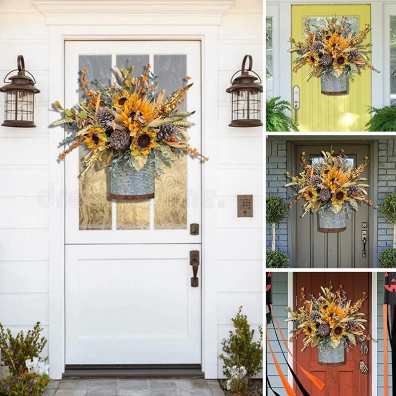 DIYFLORU 28 Herfst Deur Krans Oranje Eucalyptus Boerderij Oogst Zonnebloem Krans Herfst Krans met Daisy Bloemen Mini Pompoen Thanksgiving Grote Herfst Krans voor Voordeur Buiten Binnen