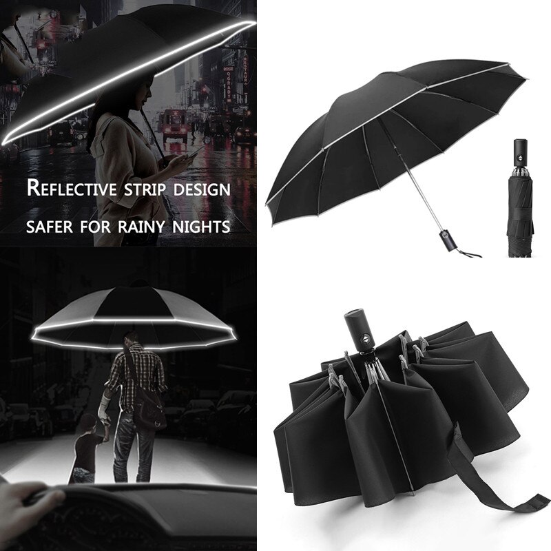 Paraguas automático con linterna LED, sombrilla de luz inversa, reflectante, tres pliegues, 10 varillas