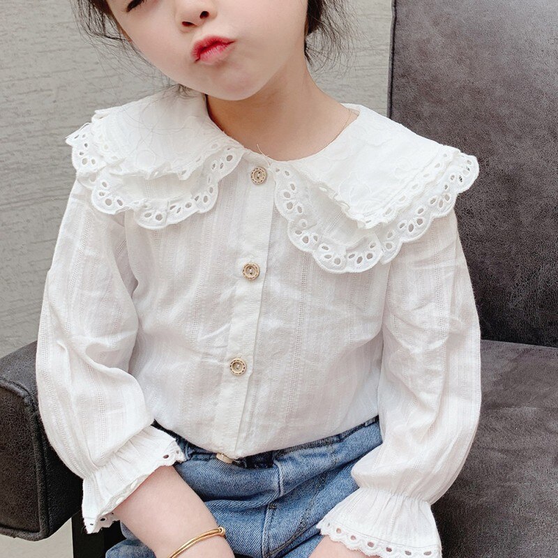 Spring Summer Girls Blouses Cotton Lapel Blouse For Girls Clothes Children Long Sleeve Tops Baby Girl Sweet Shirt 1-8 Years