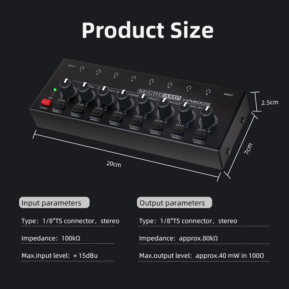 Amplificatore per cuffie stereo a 8 canali con adattatore di alimentazione Amplificatore Audio divisore per auricolari portatile a bassissimo rumore