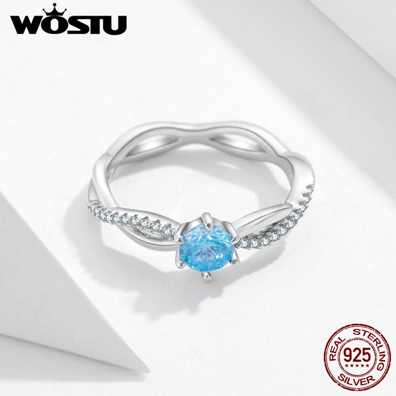 WOSTU 925 Sterling Silber Verflochten Liebe Hochzeit Ring Blau Zirkon Kristall Stapelbar Finger Für Frauen Schmuck CQR547