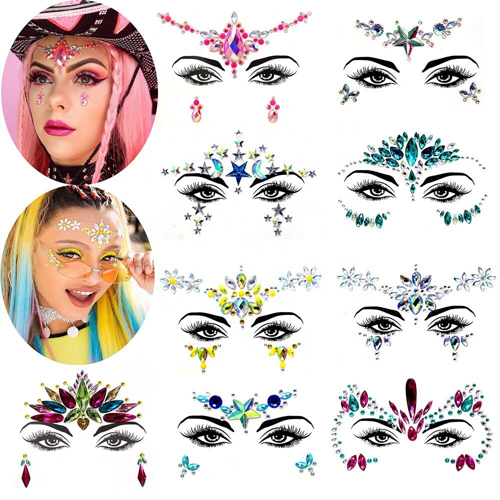 Maskerad ansiktsdekoration gör-det-själv smycken akryl strass festivalfest tillfällig tatuering ansiktsklistermärken för kvinnor