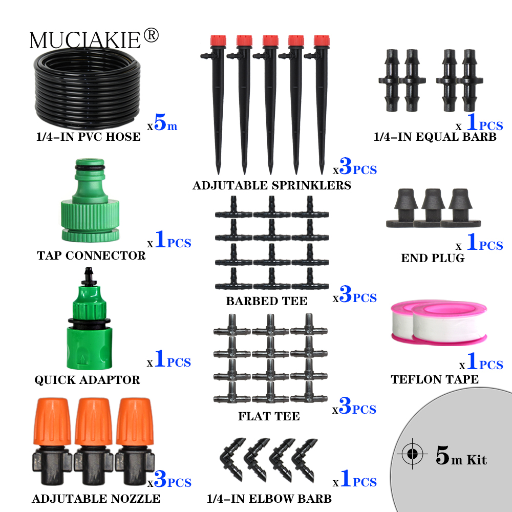 Muciakie garden 1/4 &quot; slange drypvanding automatisk vanding kit tåge spray kølesystem med justerbar drypper controller: 5m 4 l 7 sæt