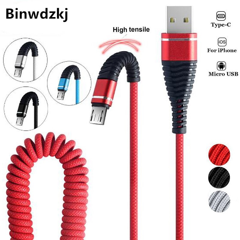 Cable Micro USB retráctil en espiral para iPhone, Samsung y Android, Cable USB tipo C de carga rápida de 1,2 M