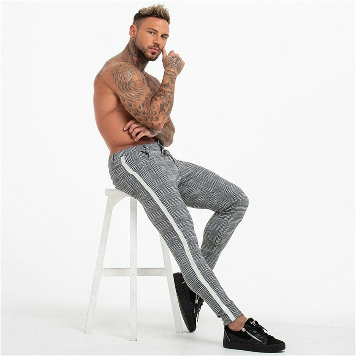 Mens Slim Fit Trousers Trainning & Exercise Pants Check Casual Pants Joggers Tartan Jogging Skinny Bottoms