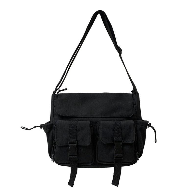 Sac à bandoulière en toile Harajuku pour femmes, sacoche d'école à la Simple pour filles, sac de grande capacité pour écolières: Black