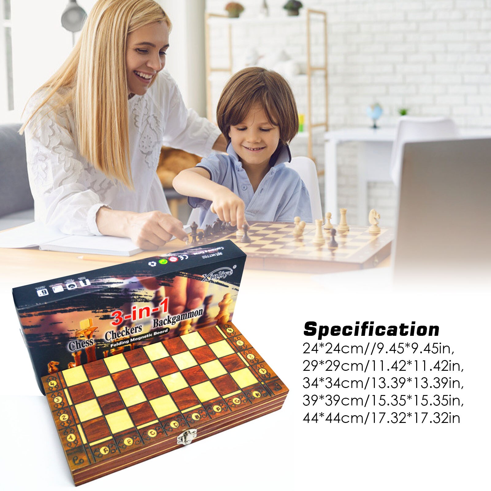 3 In 1 International Chess Set Wooden Chess Game Backgammon Checkers For Indoor Table Game Folding Chessboard Family Travel Game