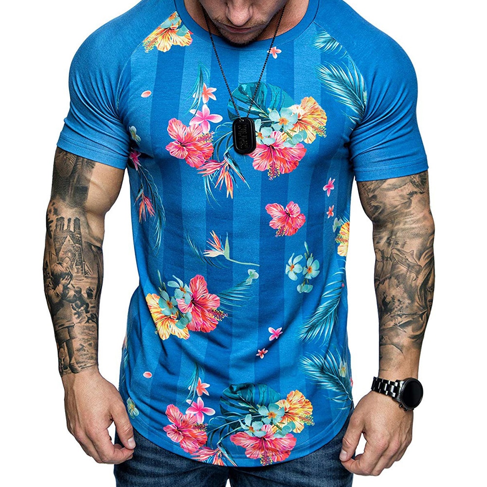 Herr t-shirt sommar kort ärm rund hals tryckta blommor blad tryckta t-shirt kort ärm herr toppar мужские комплекты