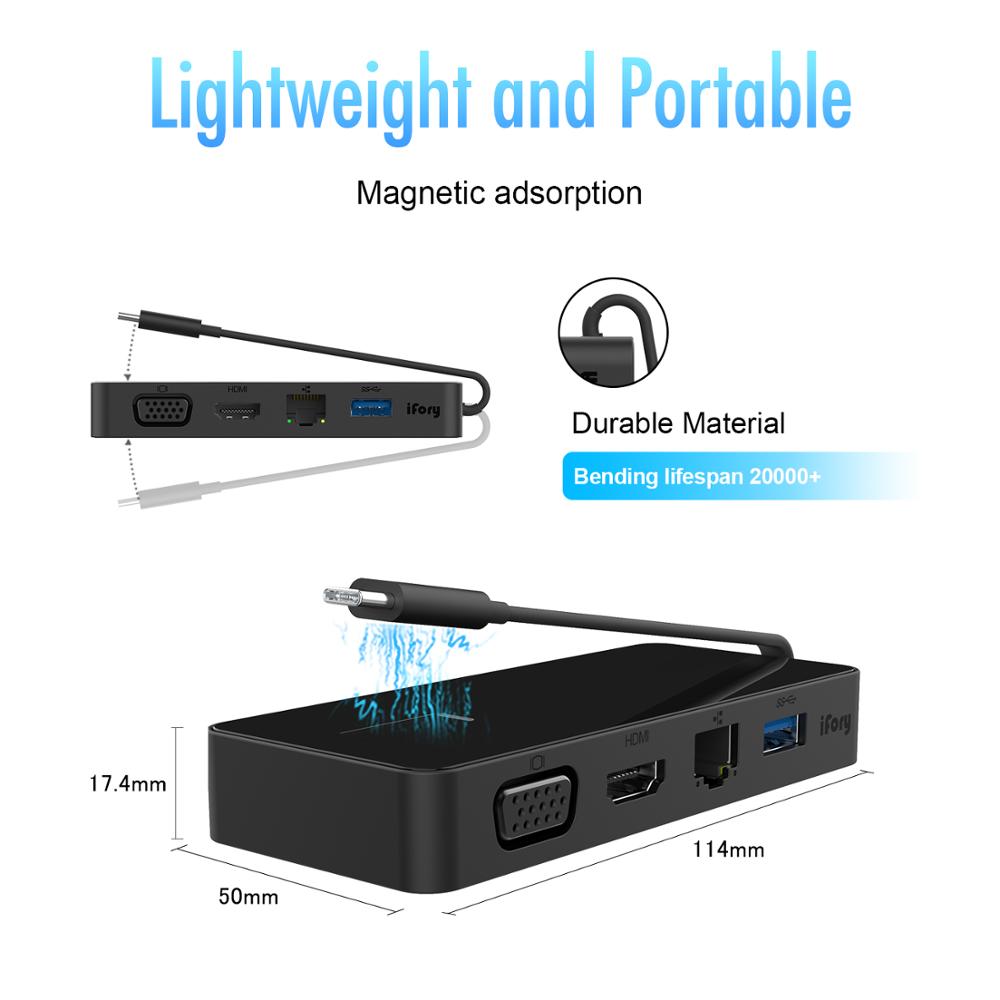 Ifory Type C Hub, Usb C Adapter Met Hdmi/Vga, Ethernet, usb 3.0 Voor Macbook Pro Air Dock Type-C Poorten Splitter Hab