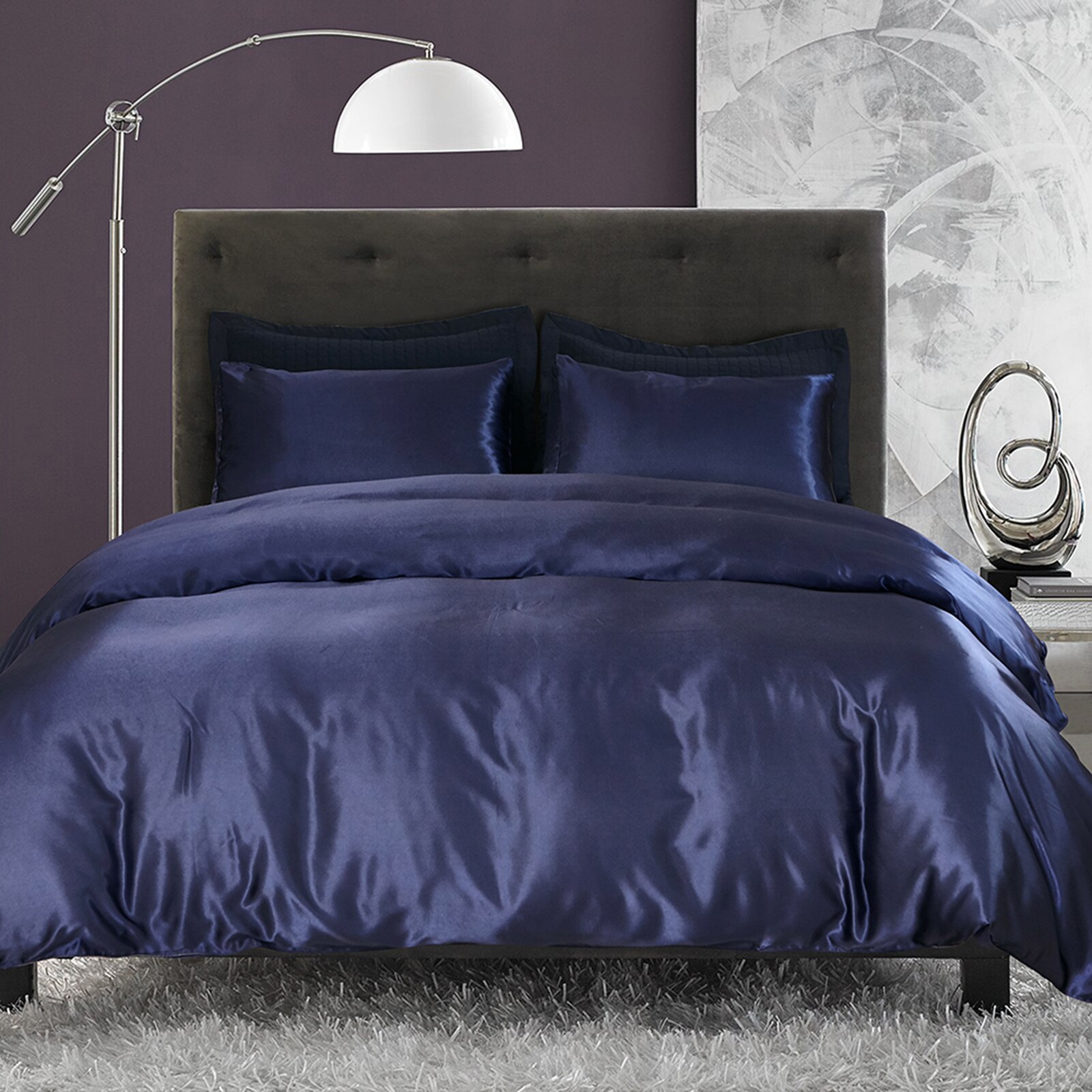 Satin soie ensemble de literie maison Textile King Size parure de lit lit vêtements housse de couette drap plat taies d'oreiller: Royal blue / Roi