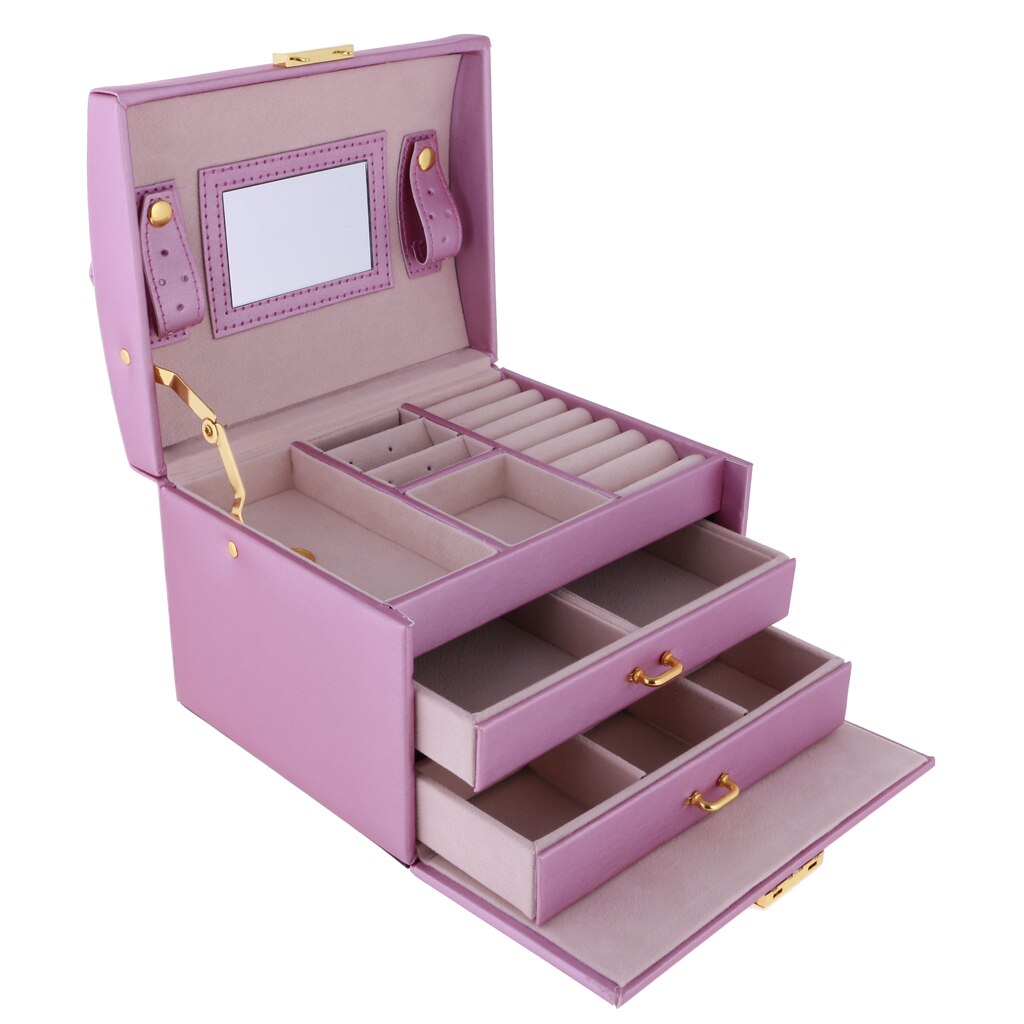 Luxe Pu Leer Ring Oorbellen Ketting Sieraden Doos Geval Houder Organizer Met Slot: Light Purple