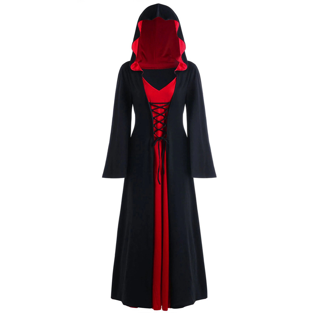 Medieval Dress For Women Lace-up Vintage Hooded Cloak Robe Adult Costume Retro Cosplay Halloween Scary Vampire Witch Long Dress: XXXL / black
