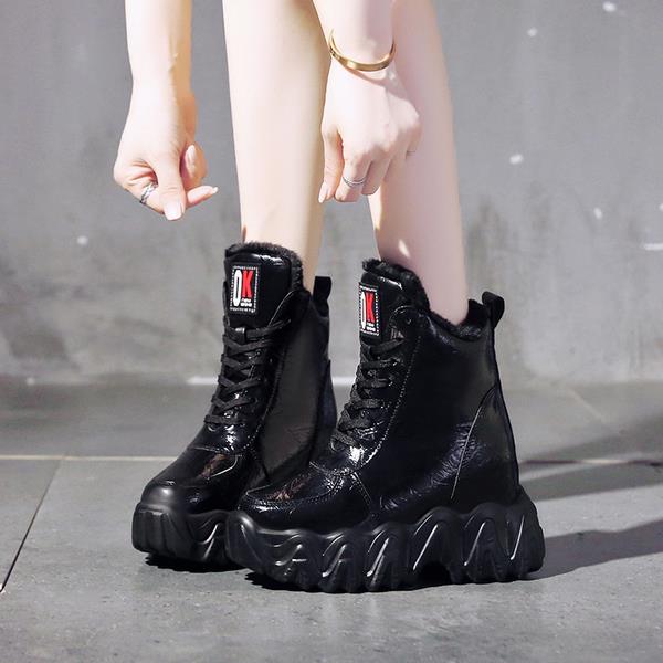 Lolita laarzen laarzen dames lage hak schoenen luxe laarzen-dames winter schoenen ronde neus rubber: Glanzend zwart / 37