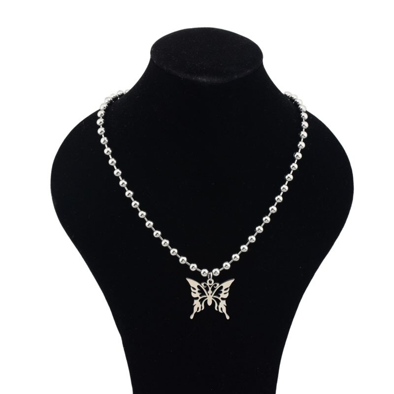 Punk Rock Zoete Vlinder Rvs Hanger Ketting Streetwear Ball Chain Polijsten Chain Mode Ketting Unisex Sieraden