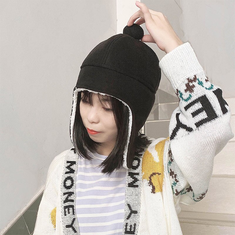 Autumn and Winter Beanie Ladies Cute Ball Bomber Hat Ear Protection Hat Imitation Lamb Wool Warm and Cold Hat 58cm Head Size