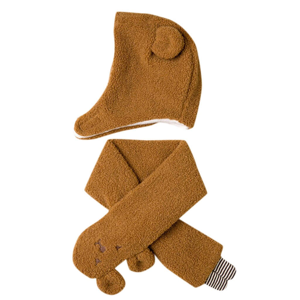 Unisex Cute Baby Cartoon Bear Hat Winter Toddler Boy Girl Solid Knitted Children Lovely Warm Soft Hat+Scarf Two Piece Set: Coffee