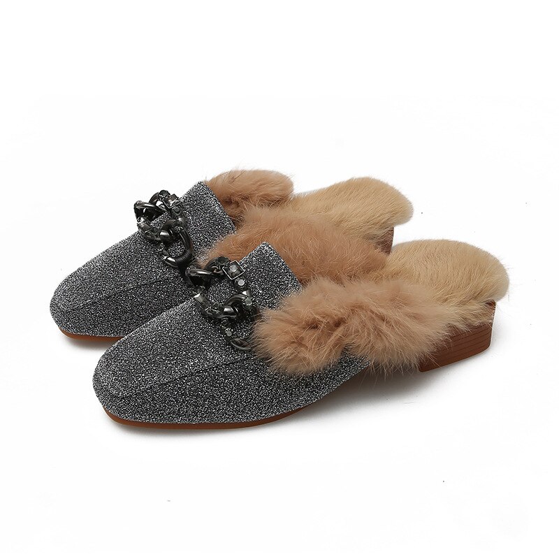 Women Glitter Slides Home Winter Fur Slippers Paillette Furry Flipflops Ladies Low Square Heels Mules Cover Toe Rabbit Fur Shoes