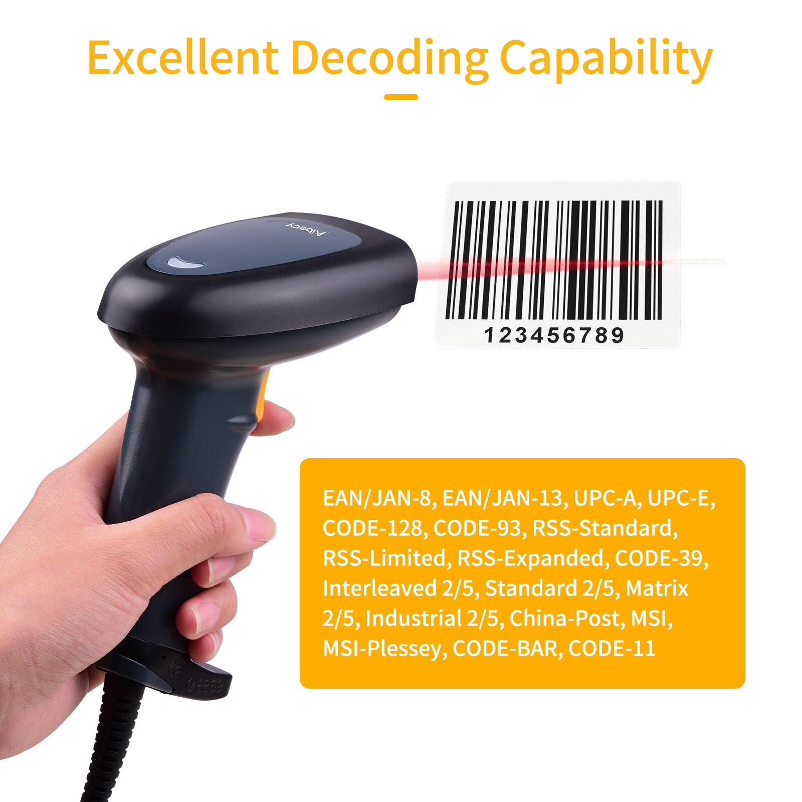 Aibecy Handheld 1D Barcode Scanner USB Wired Bar Code Reader Manual Trigger/Auto Continuous Scanning Support Paper Code