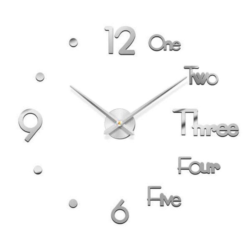 Reloj de pared grande 3D DIY, pegatinas decorativas de espejo acrílico, aguja de cuarzo, Horloge, decoración del hogar: Silver