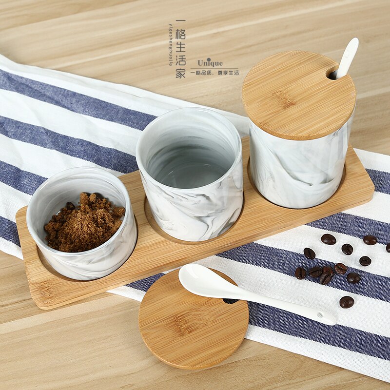 Chinese ceramic seasoning pot Kitchen Tools Gadgets Salt Sugar bowl Canister spice jar Herb Spice Tools Ceramic jar Bamboo box