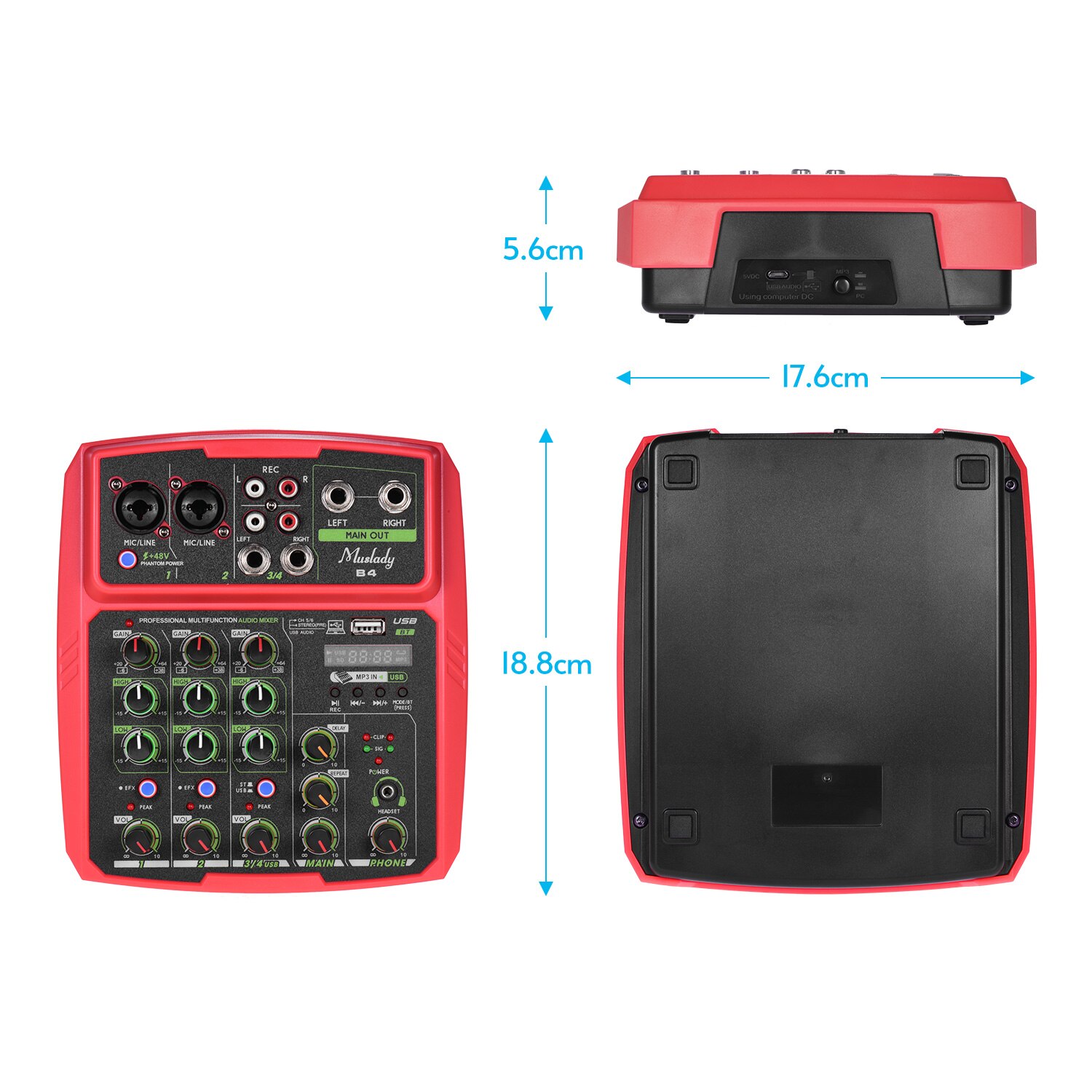 Muslady B4 Portable 4 Channels Audio Mixer USB Mixing Console Supports BT Connection with Sound Card Built-in 48V Phantom Power