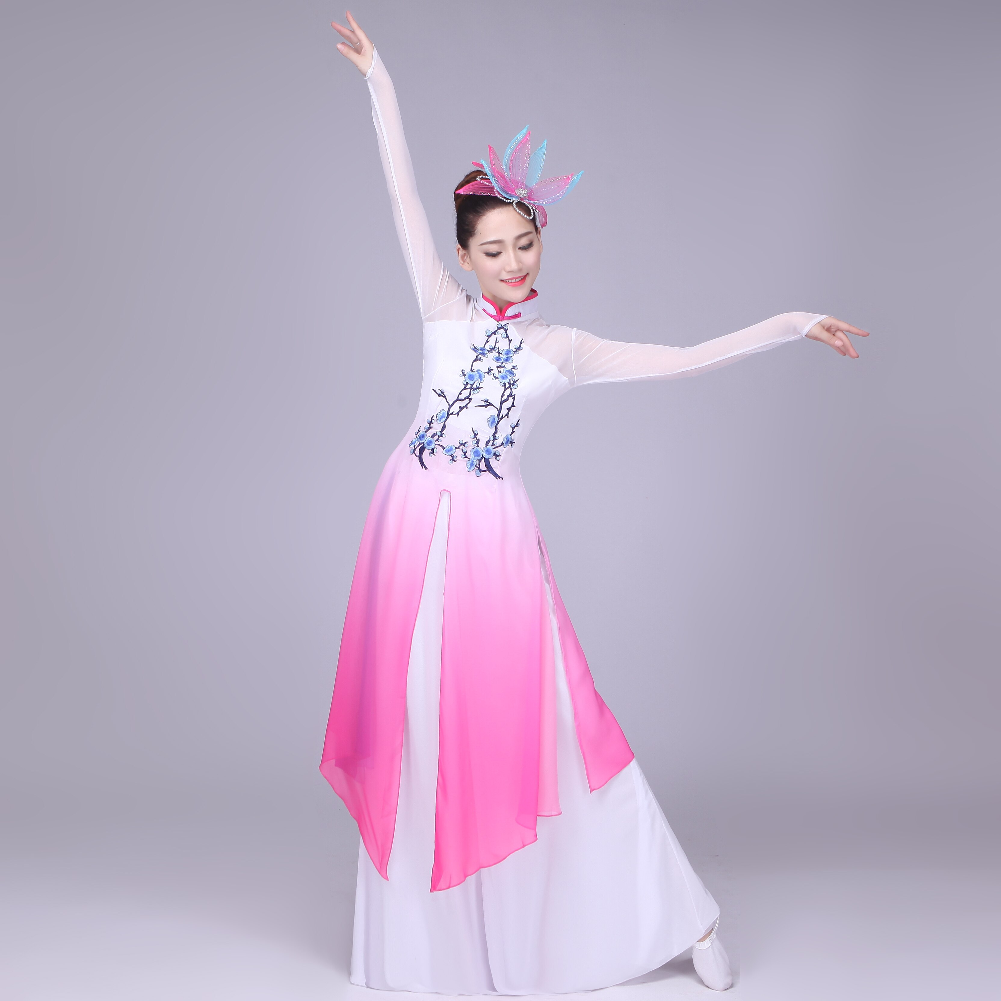 Traje antiguo chino de color degradado fucsia para mujer, traje de bailarina clásica, vestidos de baile tradicionales de manga larga