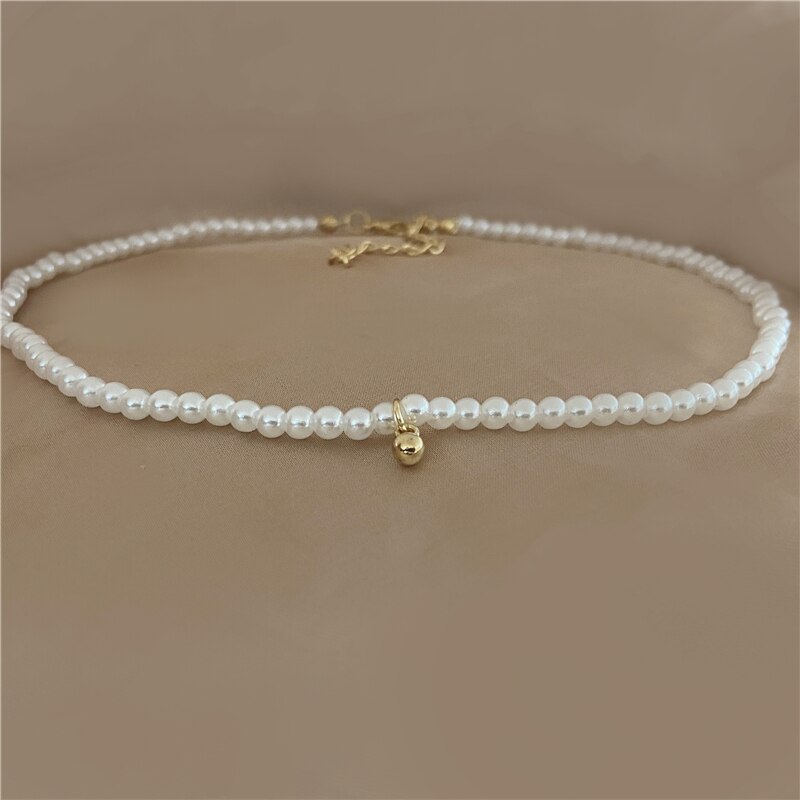 Vintage Round Pearl Necklace For Women Girls Retro Gold Bead Pendant Necklaces collier de perles Jewelry