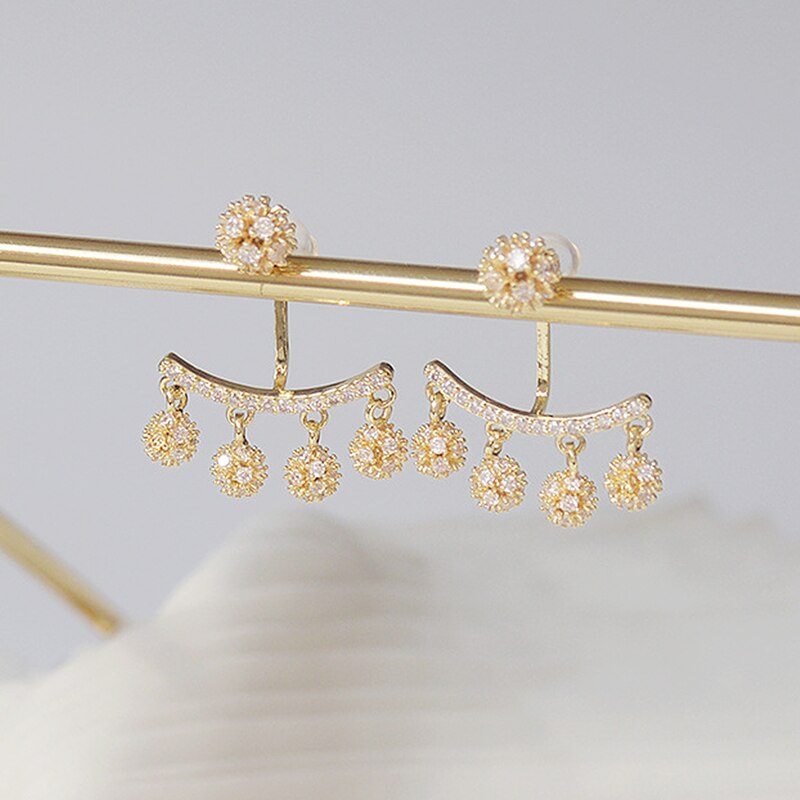 Bohemia Romantic Tassel Golden ball Earrings for Women 14k Real Gold Zirconia Stud Earrings Wedding Jewelry Pendant Accessories